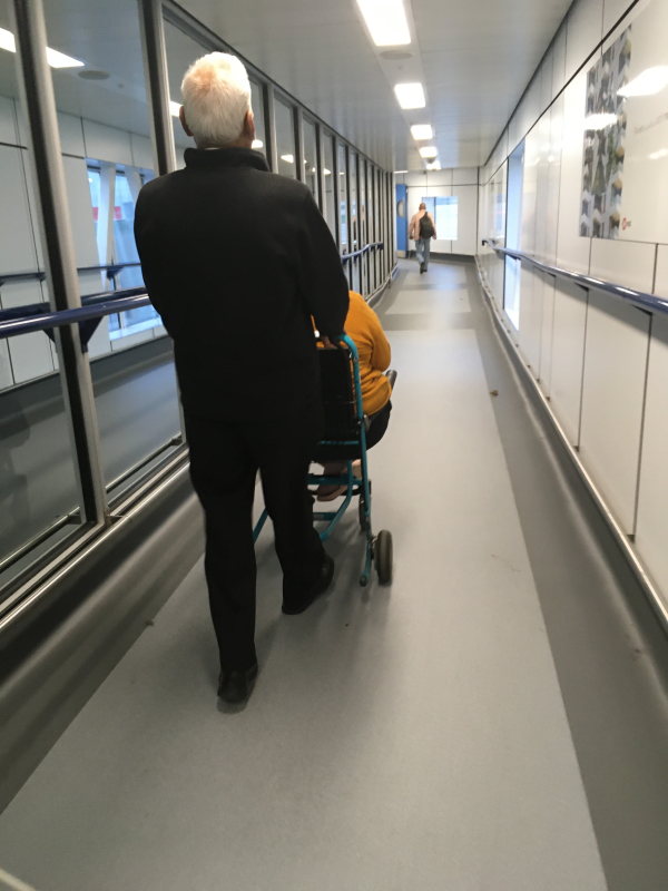 Pushed in a wheelchair